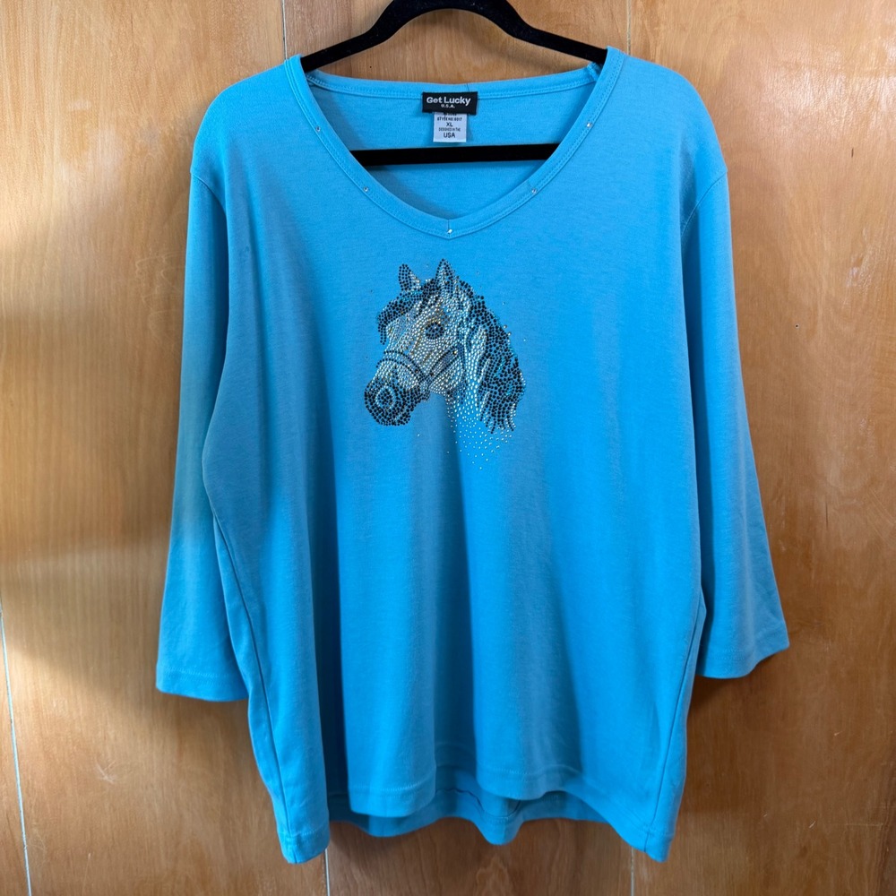 Western Cowboy Core Bedazzled Horse Graphic Turquoise Blue Knit‎ Top XL